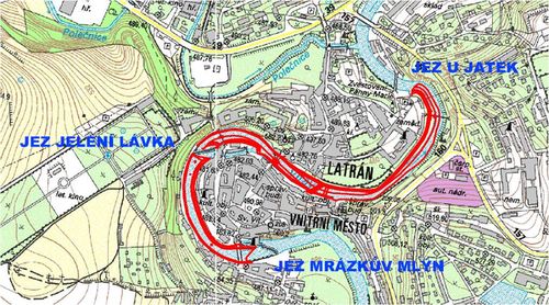 Mapa - rozsah protipovodňových opatření 1. a 3. etapy v Českém Krumlově, 2009