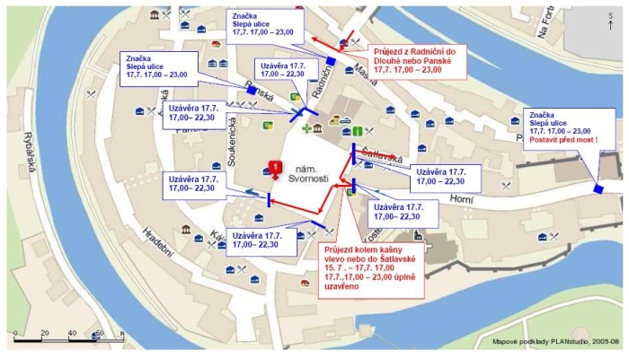 Mapa dopravního omezení ve vnitřním městě 15.-17.7.2009 - Koncert MHF
